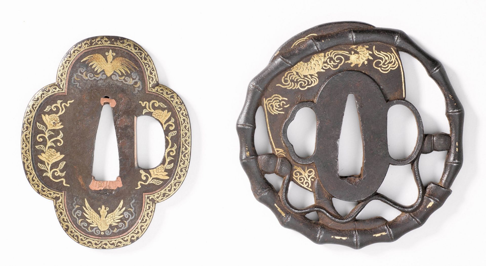 TWO IRON TSUBA WITH GILT HIRAZOGAN. - Image 2 of 2