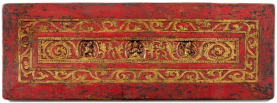 A RED AND GOLD PAINTED MANUSCRIPT COVER.