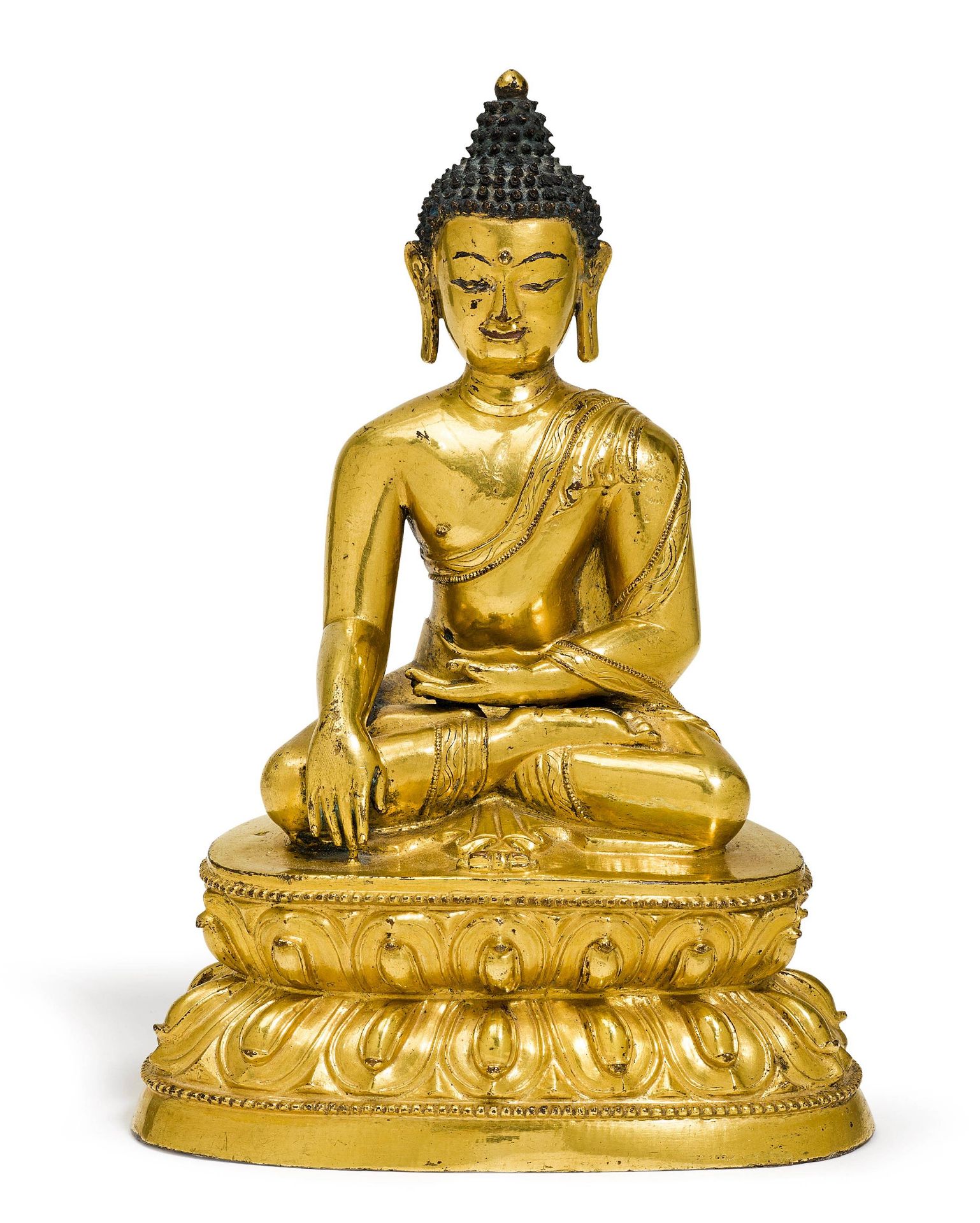 A GILT COPPER ALLOY FIGURE OF BUDDHA SHAKYAMUNI.