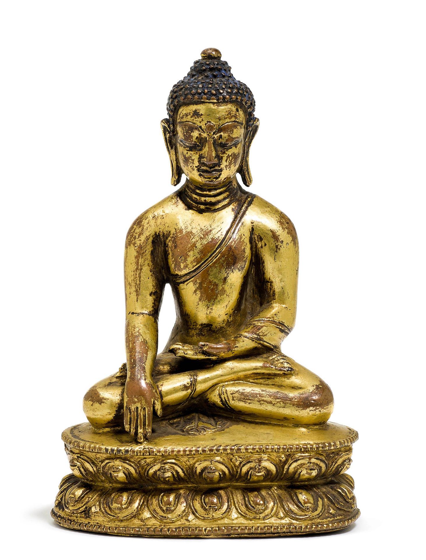 A GILT COPPER ALLOY FIGURE OF BUDDHA SHAKYAMUNI.