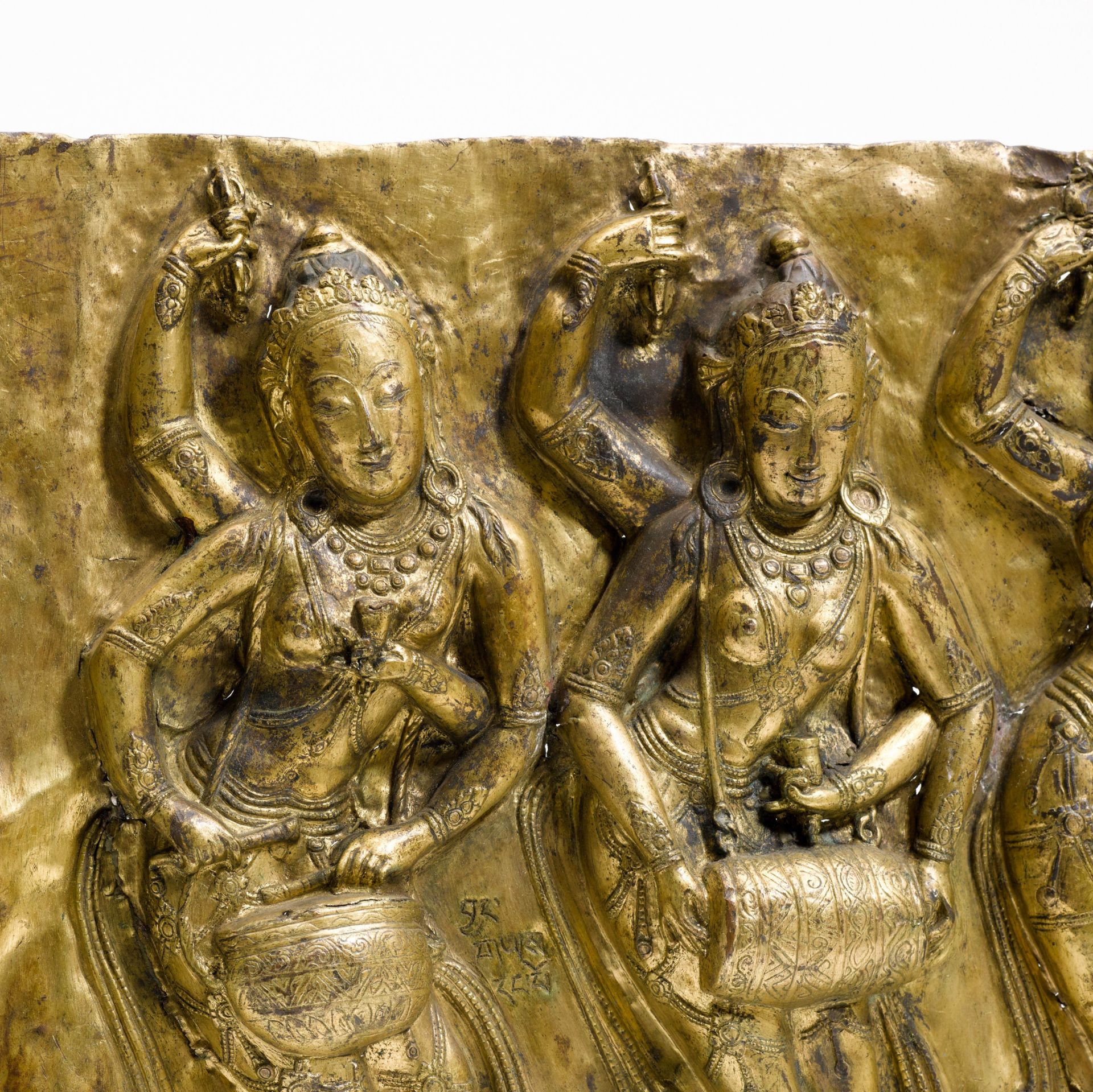 A GILT COPPER REPOUSSE FRIEZE. - Image 2 of 2