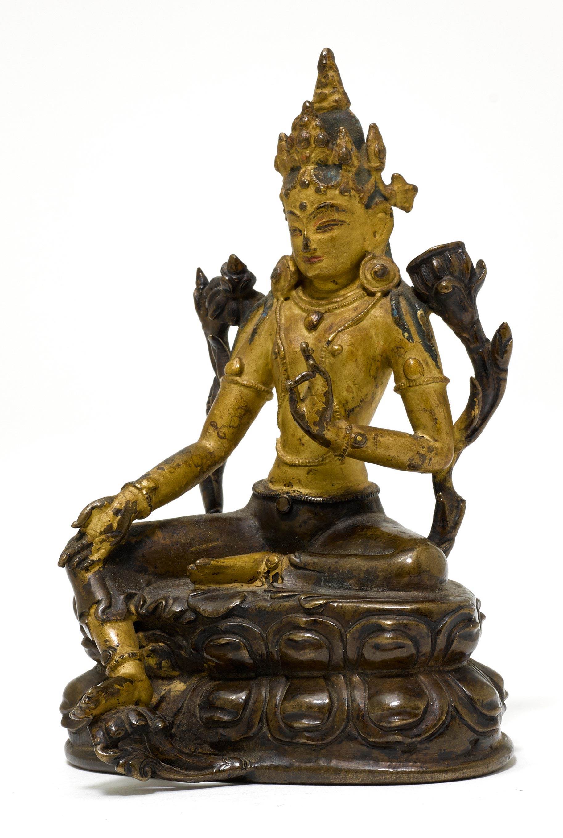 A BRONZE FIGURE OF THE GREEN TARA. - Image 2 of 2