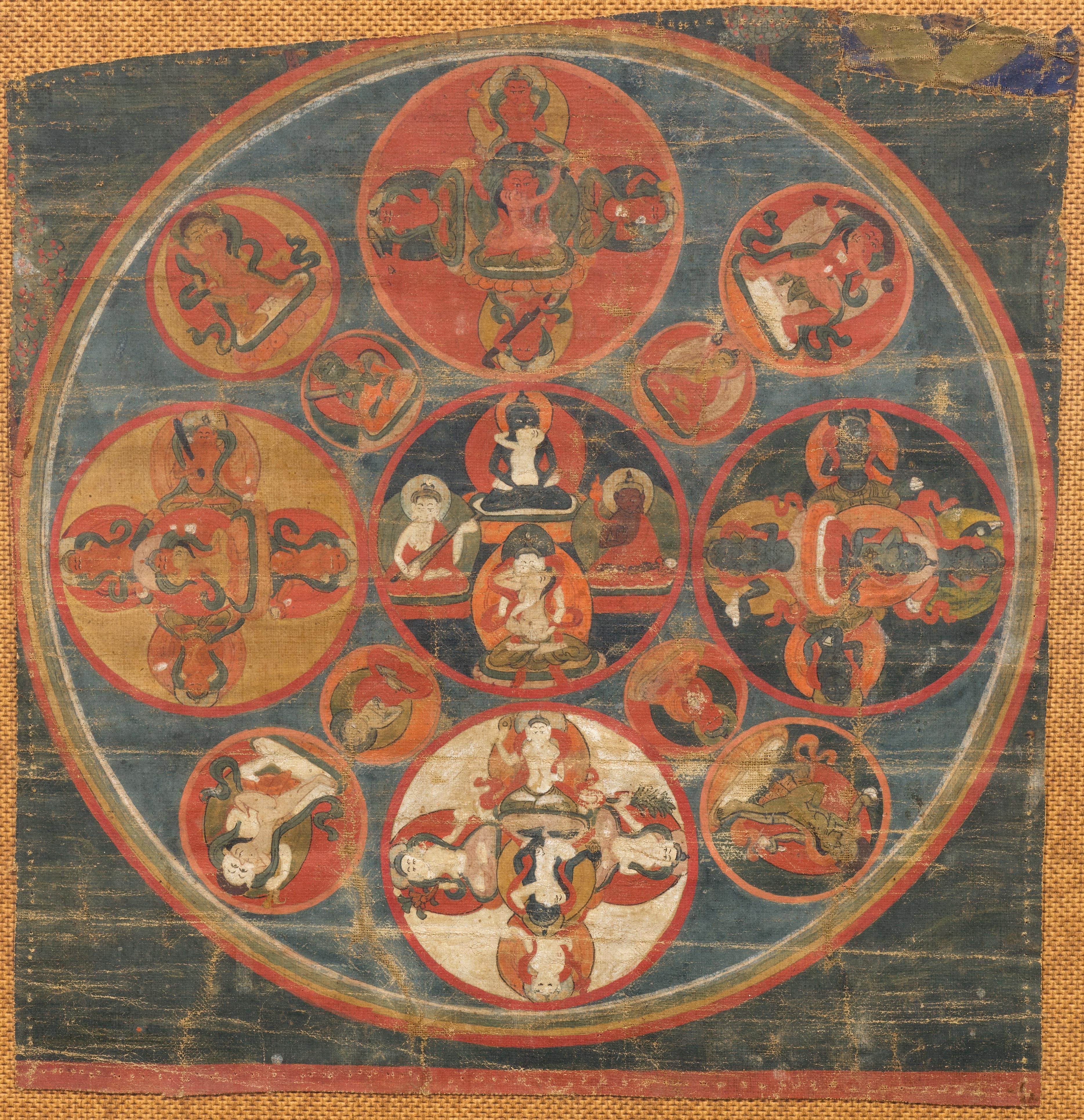 A THANGKA FRAGMENT SHOWING A MANDALA.