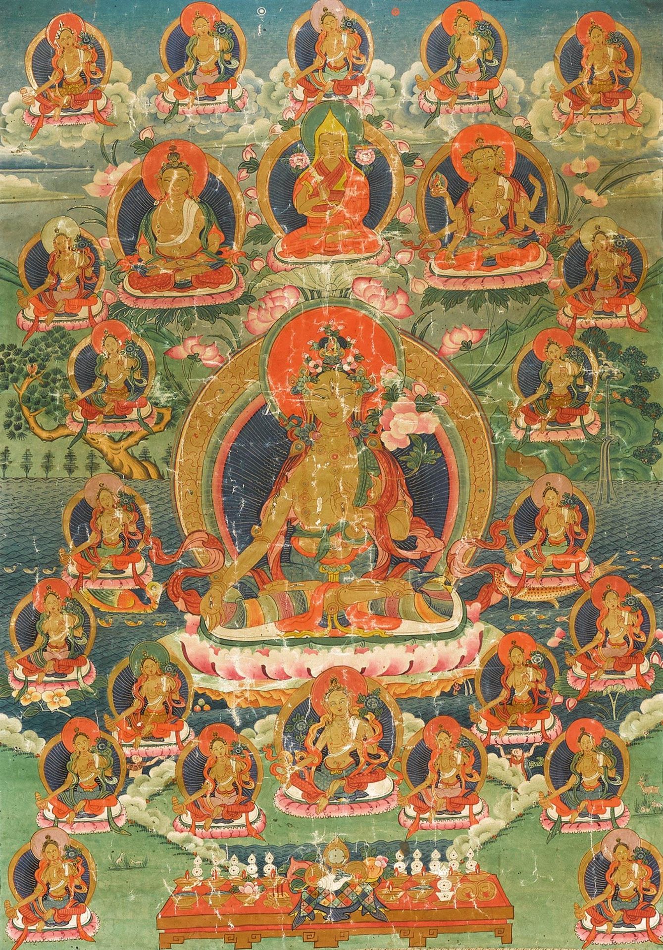 A THANGKA OF TARA SURROUNDED BY THE 21 TARAS.