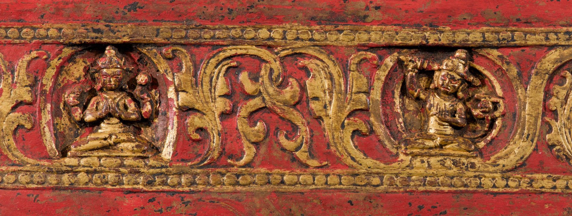 A RED AND GOLD PAINTED MANUSCRIPT COVER. - Image 2 of 2
