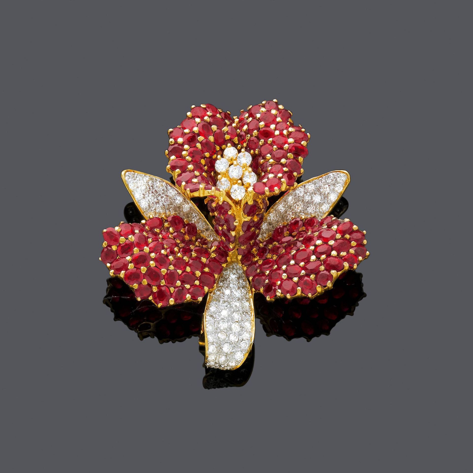 RUBY AND DIAMOND CLIP BROOCH.