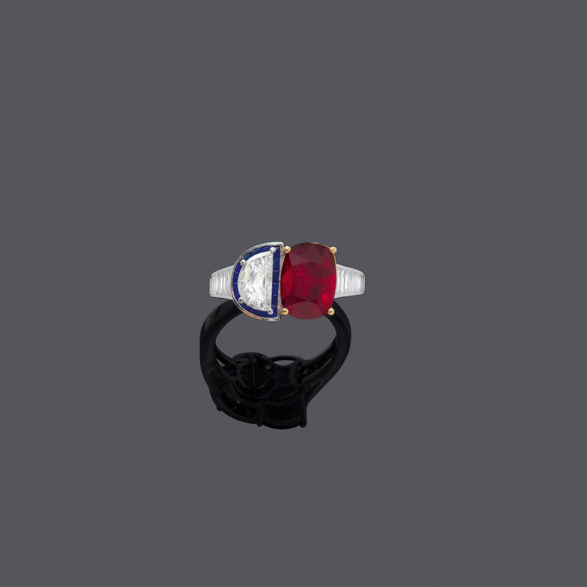 BURMA RUBY, SAPPHIRE AND DIAMOND RING.