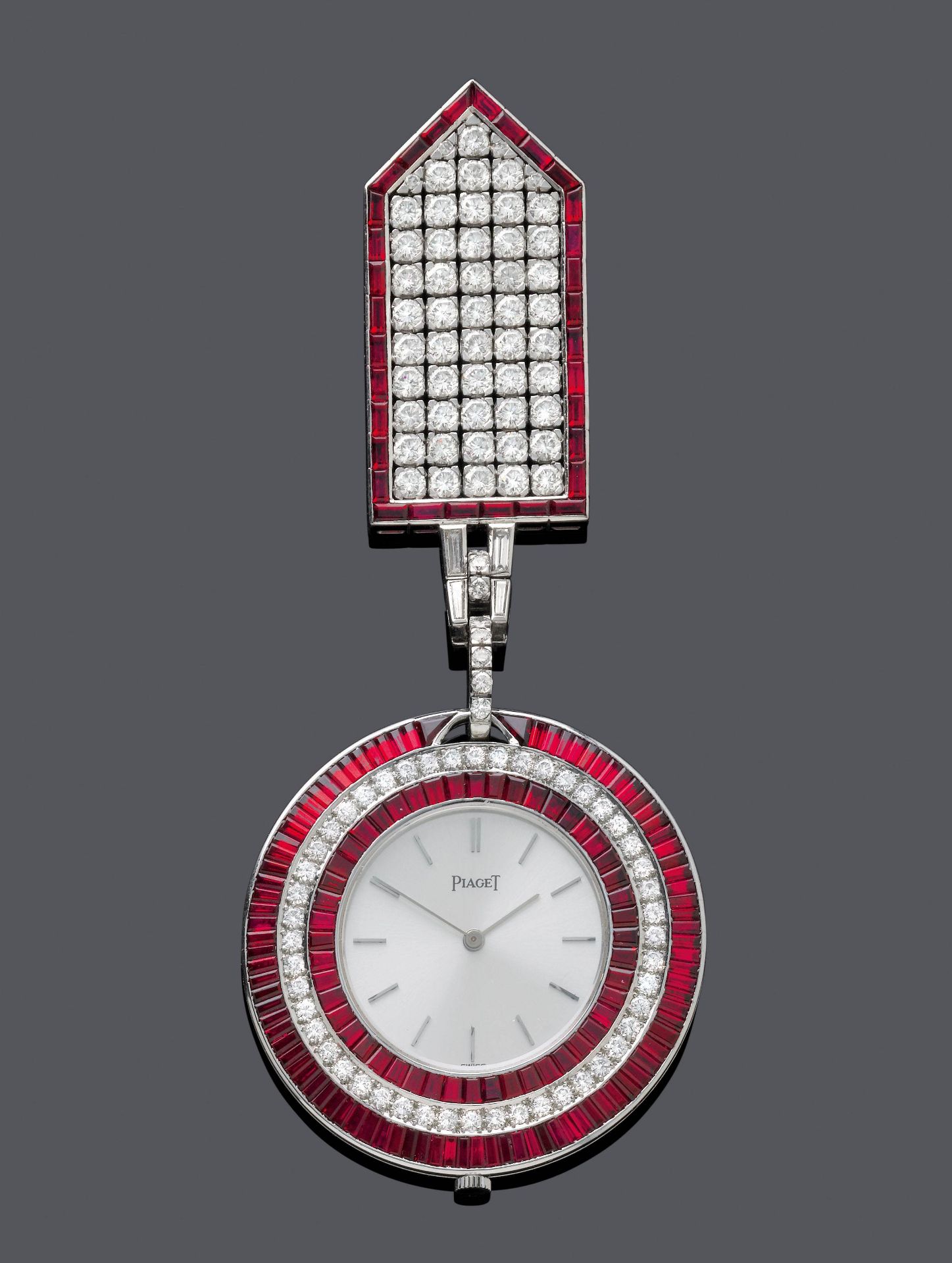 RUBY AND DIAMOND DRESS WATCH WITH FOB, BY PIAGET, ca. 1970.