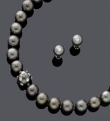 TAHITI PEARL AND DIAMOND NECKLACE WITH EARCLIPS.