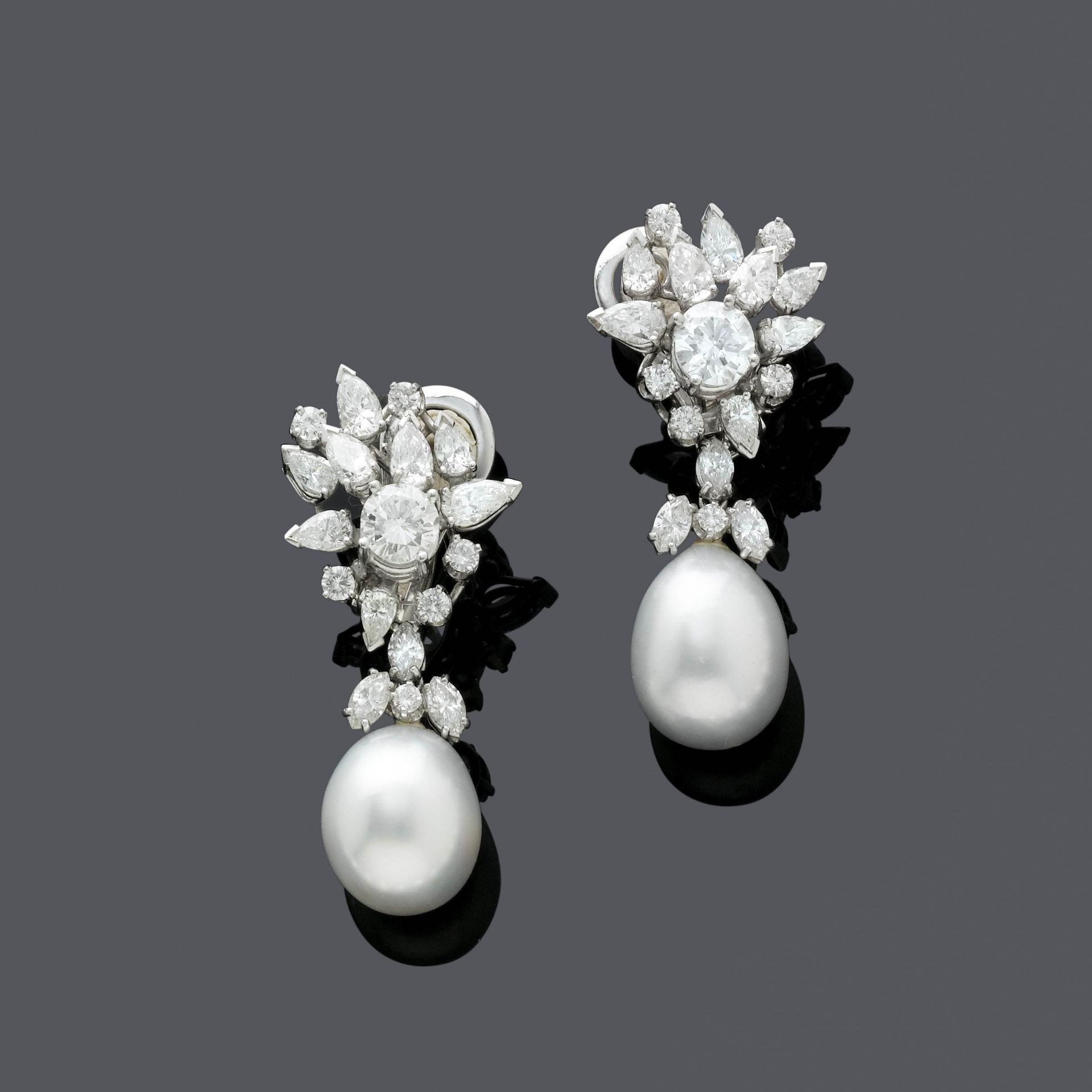 PEARL AND DIAMOND EAR PENDANTS, ca. 1970.