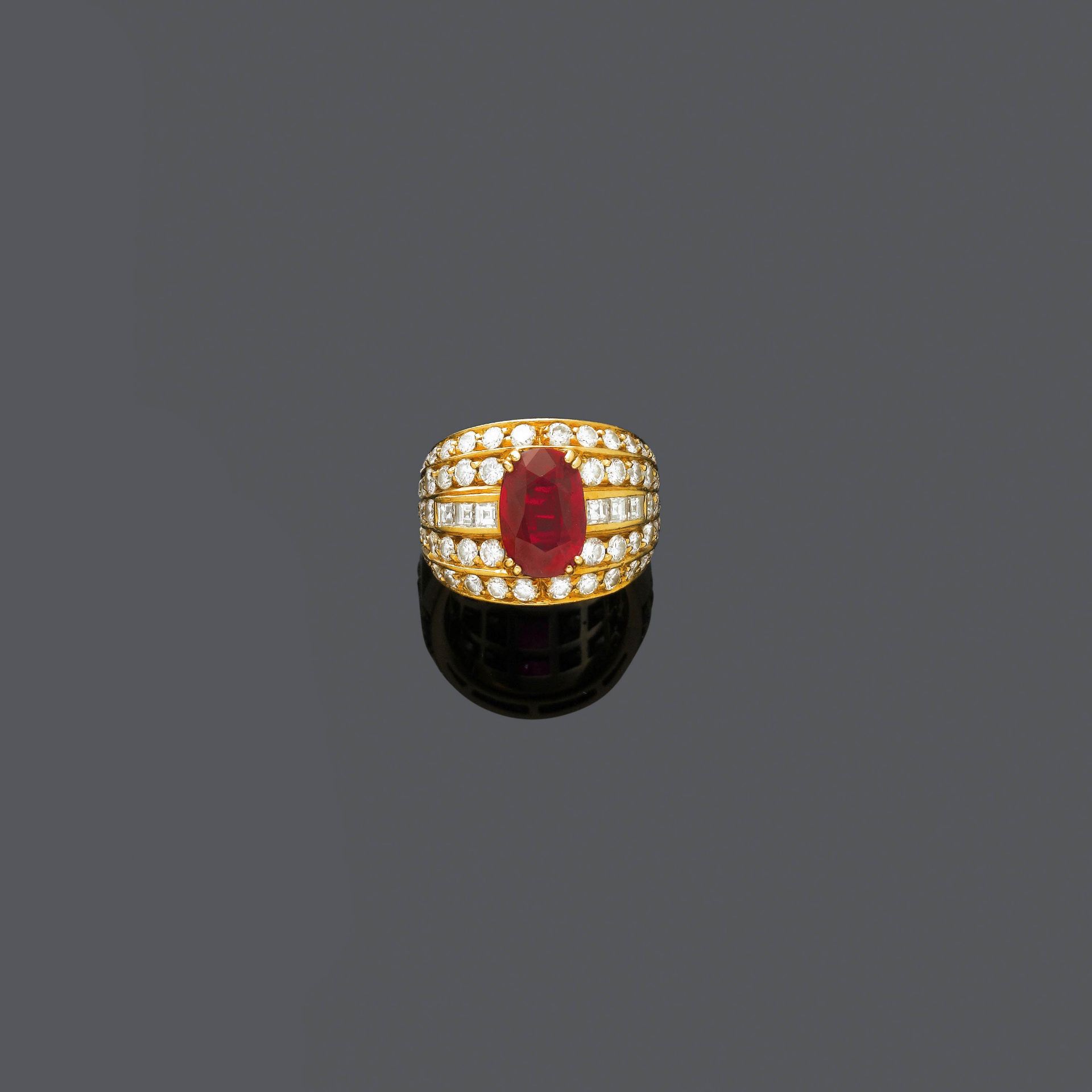 RUBY AND DIAMOND RING, ca. 1980.