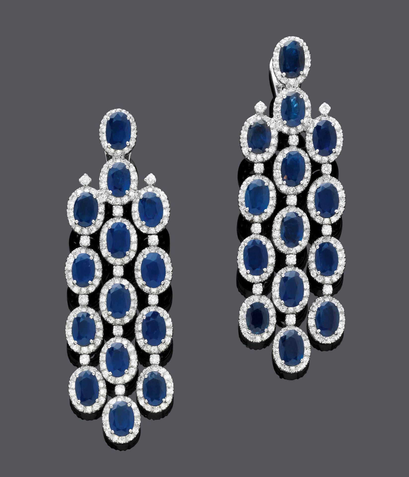 SAPPHIRE AND DIAMOND EAR PENDANTS.