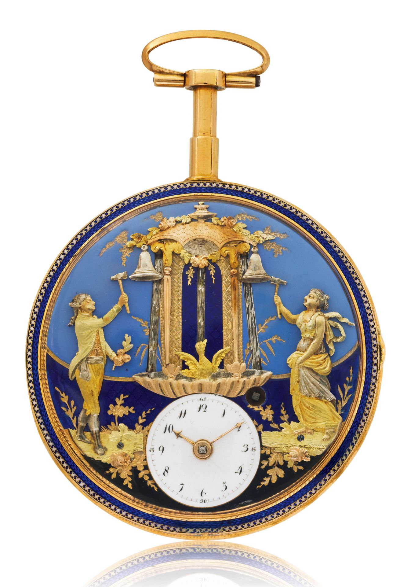 Veigneur Frères, extremely rare and large gold enamel pocket watch with 1/4-repeater and automation,