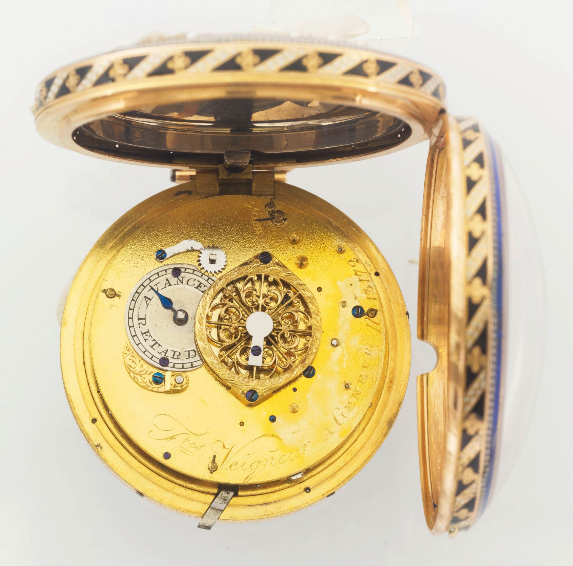 Veigneur Frères, extremely rare and large gold enamel pocket watch with 1/4-repeater and automation, - Image 3 of 4