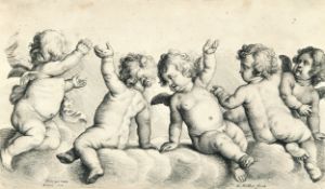 Wenzel Hollar – Drei Engel und zwei Kinder auf Wolken sitzend