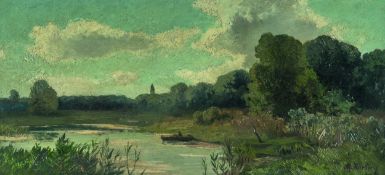 Max Hartwig – Bewaldete Flusslandschaft mit Kahn