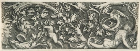 Giovanni Francesco Camocio – Ornamentfüllung mit Weinranken, Knabe und einem Drachen