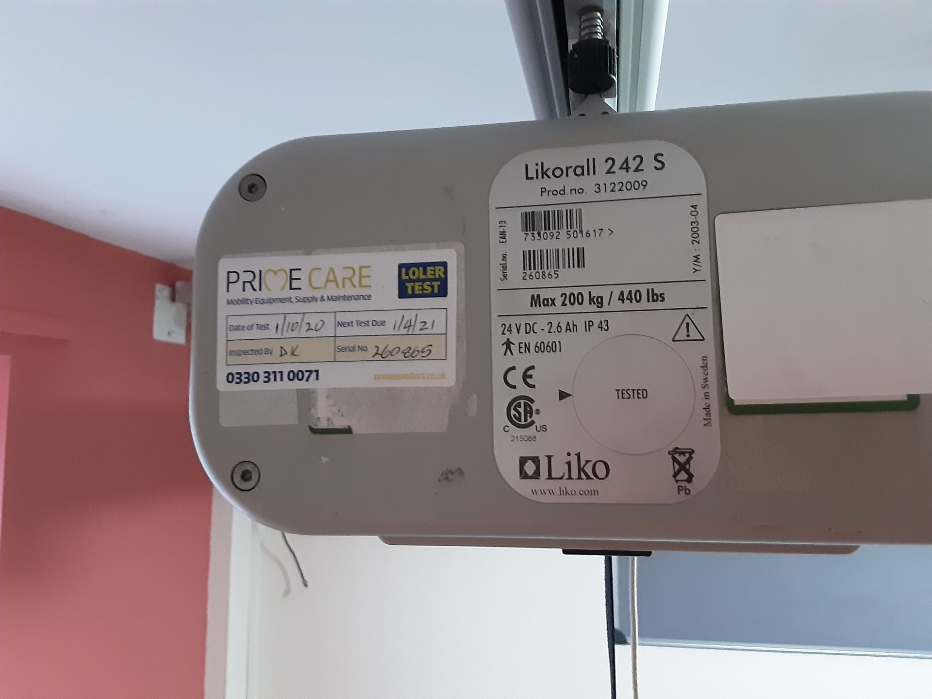 Likorall 242S R2R 200kg Patient Lift with KwikTrak Ceiling Rail System Serial No: 260865 - Image 9 of 10