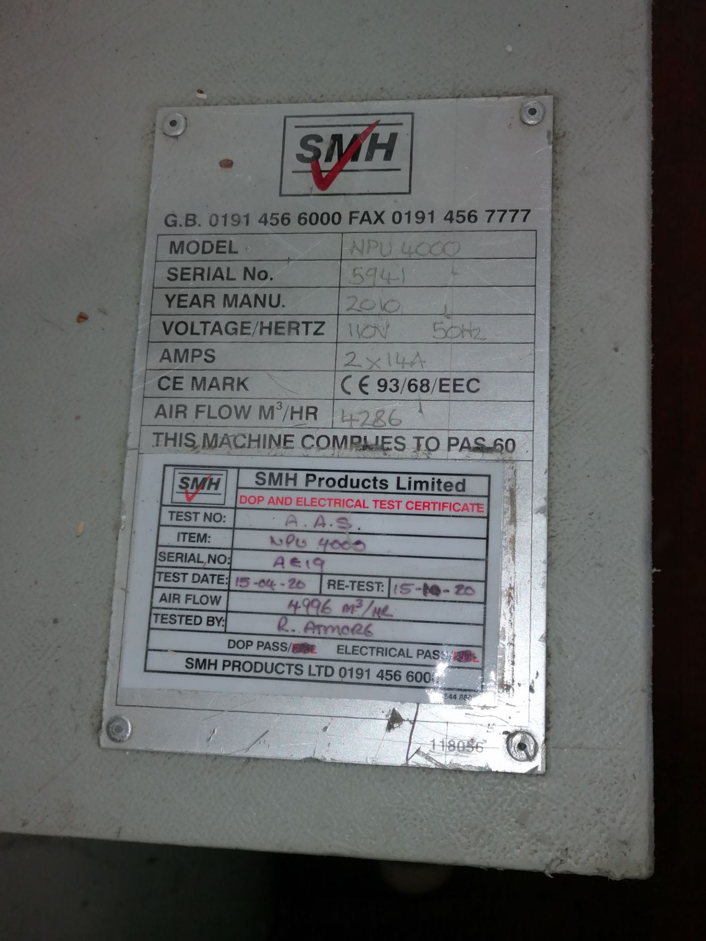 SMH NPU 4000 Extractor/Filter Unit 110V, Serial No: 5941, (2010) - Image 6 of 6