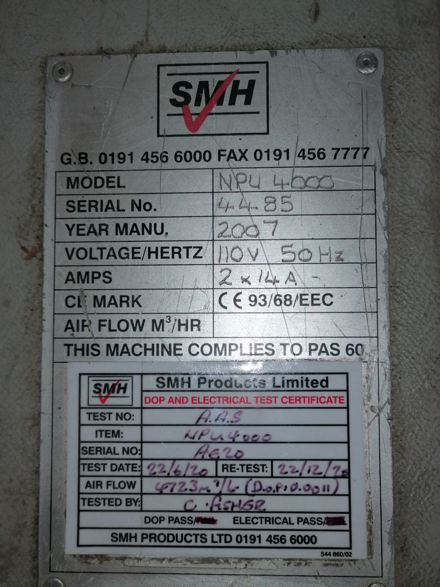SMH NPU Extractor/Filter Unit 110V, Serial No. 4485, (2007) - Image 6 of 6
