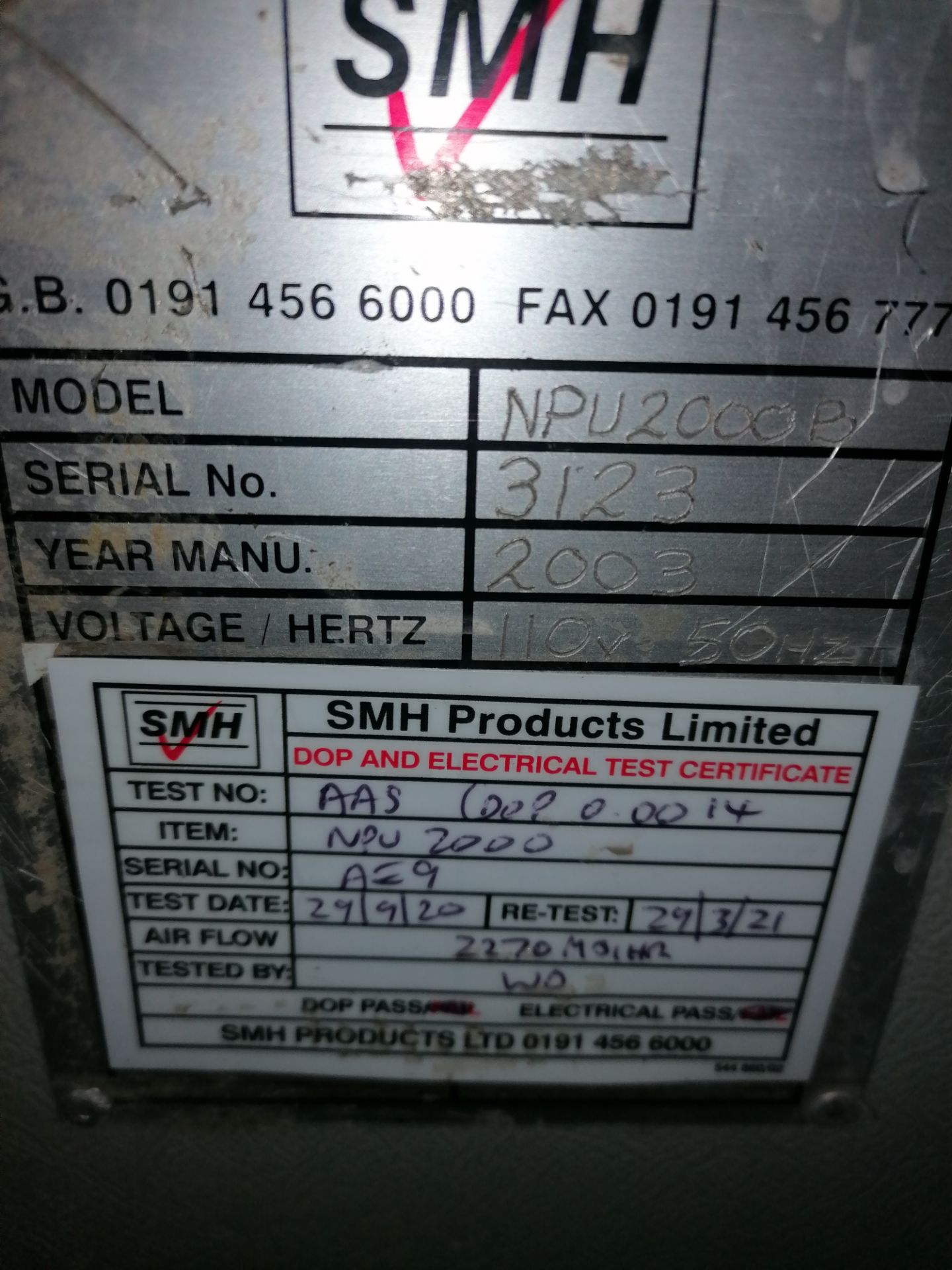 SMH NPU 2000 Extractor/Filter Unit 110V, Serial No. 3123, (2003) - Image 5 of 5