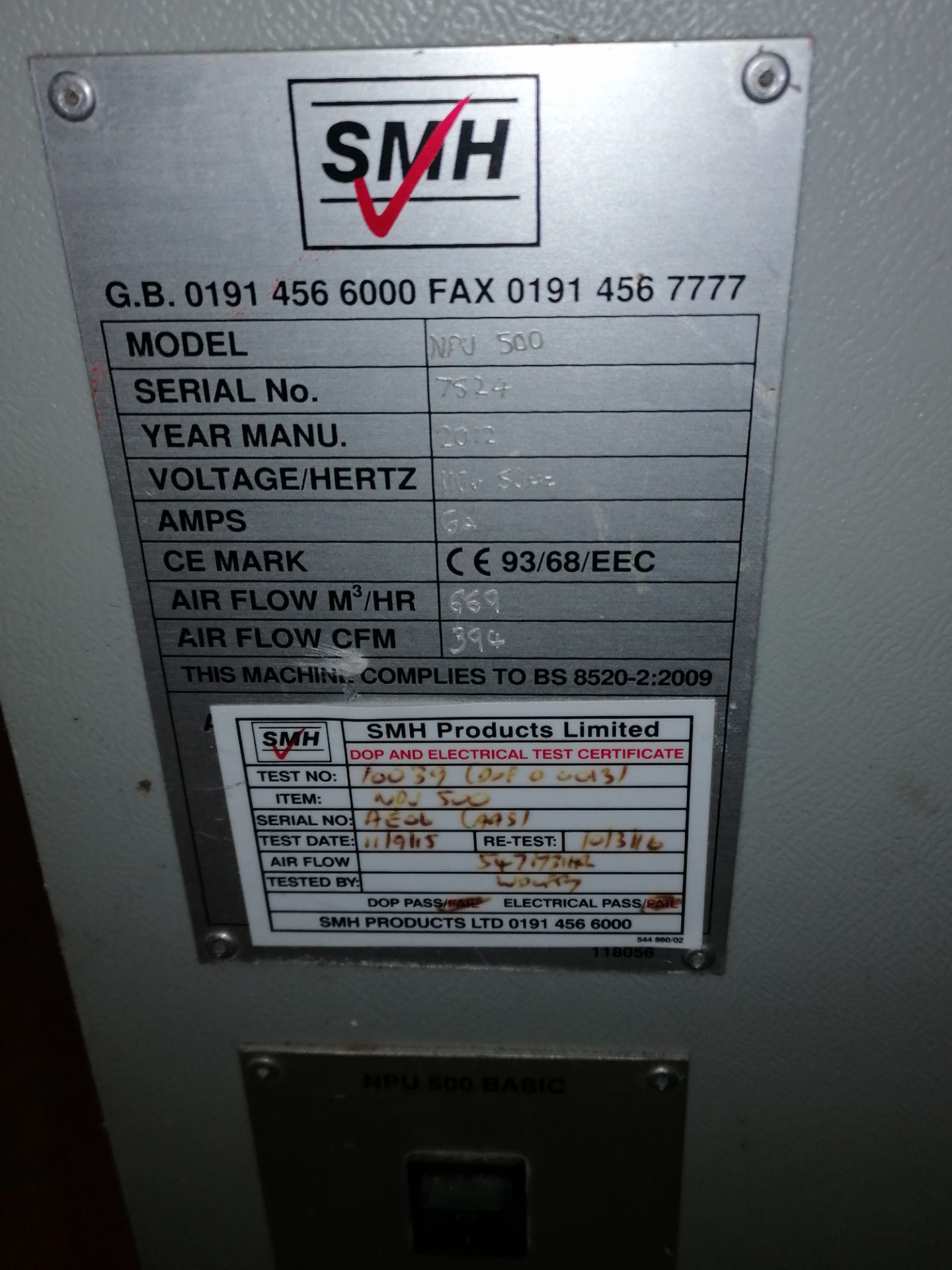 SMH NPU 500 Extractor/Filter Unit 110V, Serial No. 7524, (2012) - Image 5 of 5