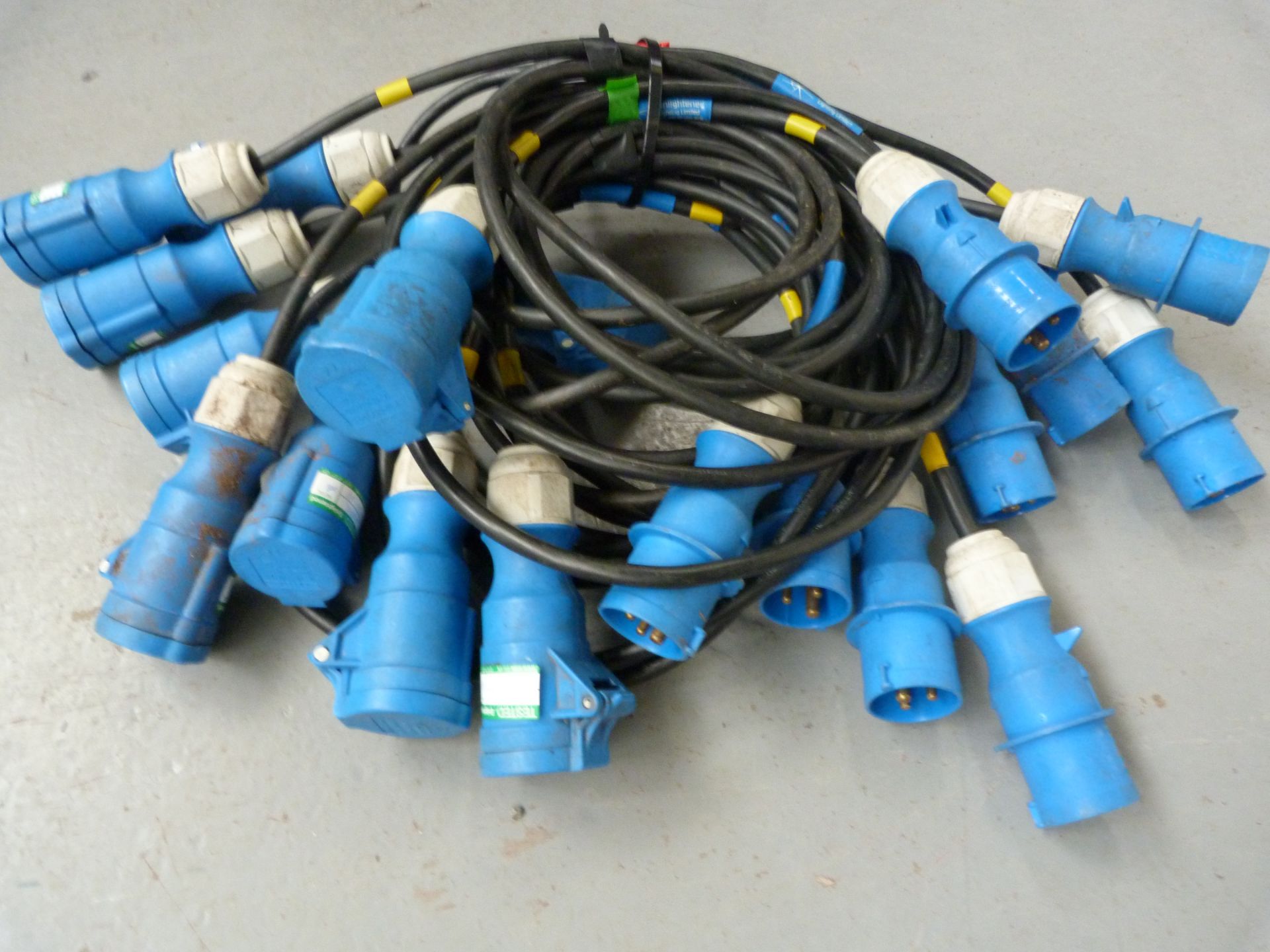 10x 2m 16A Cable HO7 - 1.5mm Blue Connectors. Ex-hire/Fair Condition. Photo Representative