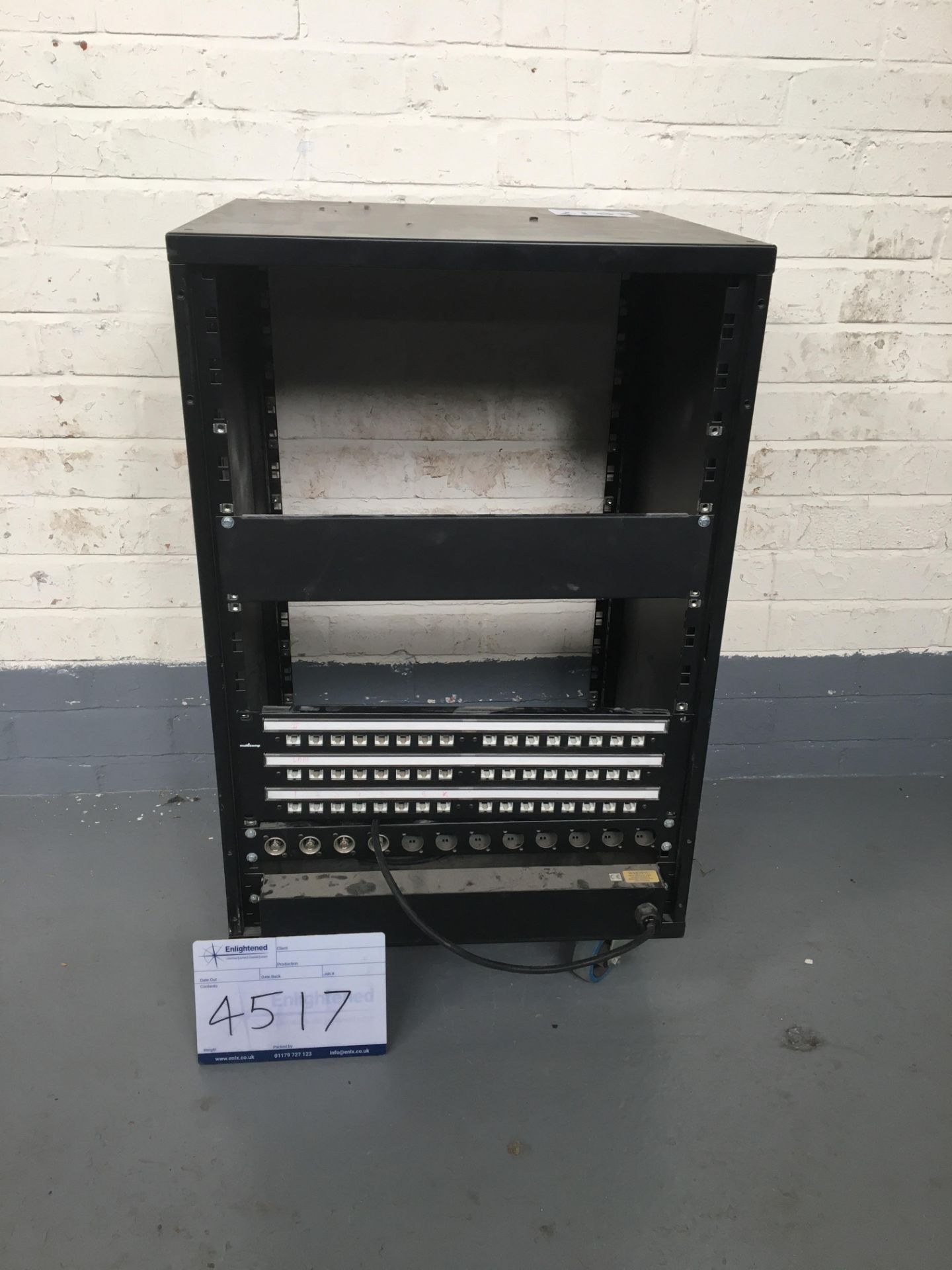 16U 19" Server AV Rack on wheels w/ Patch Panel. 480*520*765mm. Condition: Used Removed from