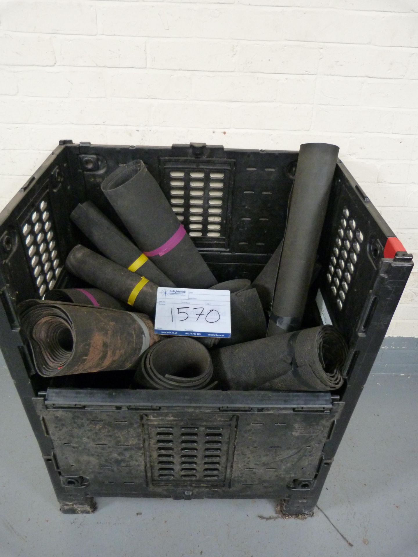 selection of rolls of rubber matting, various lengths. Stillage NOT included. Ex-hire