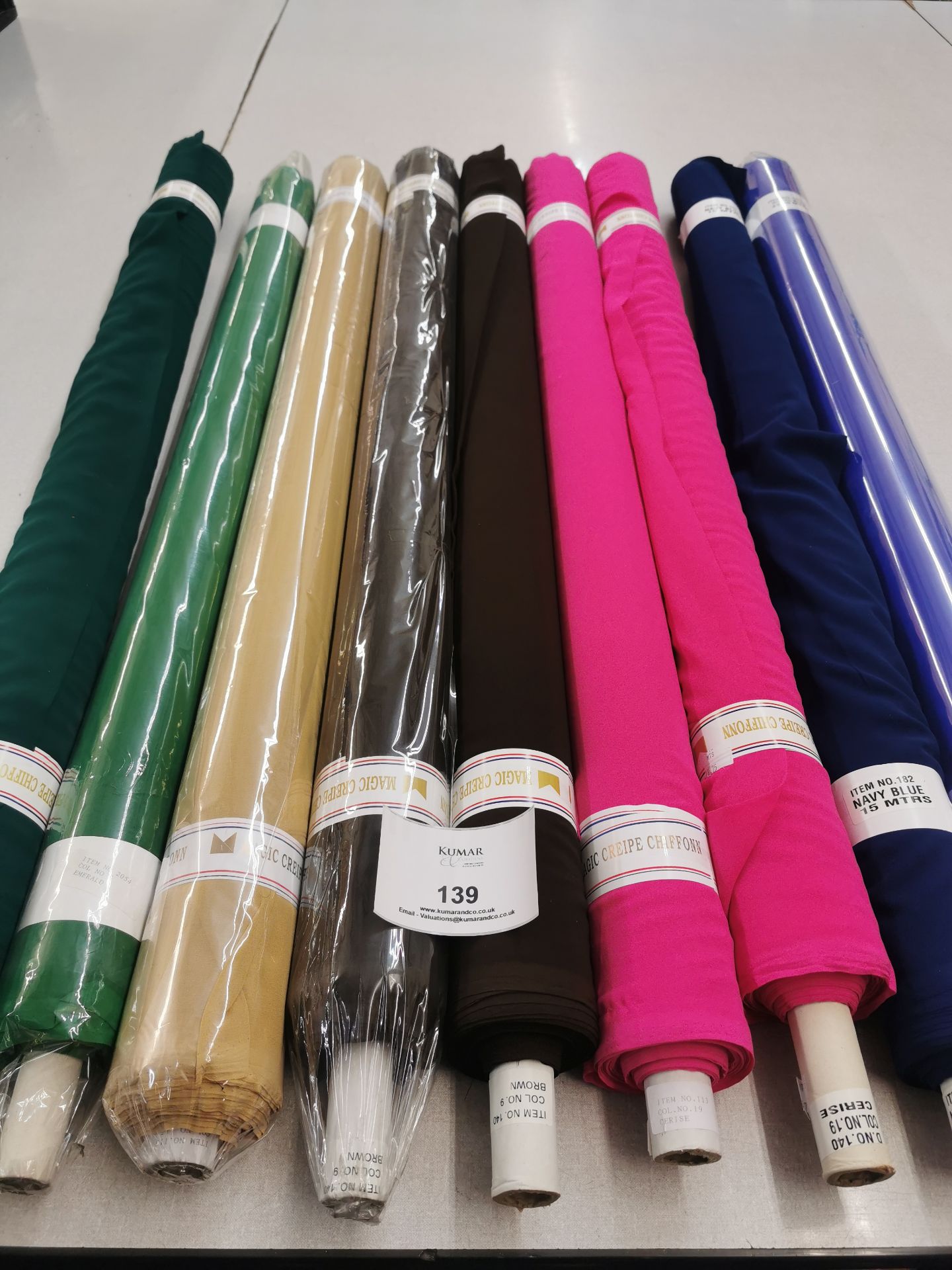 180m Estimated. Chiffon crepe fabric in 9 rolls .RRP £2-5 per meter