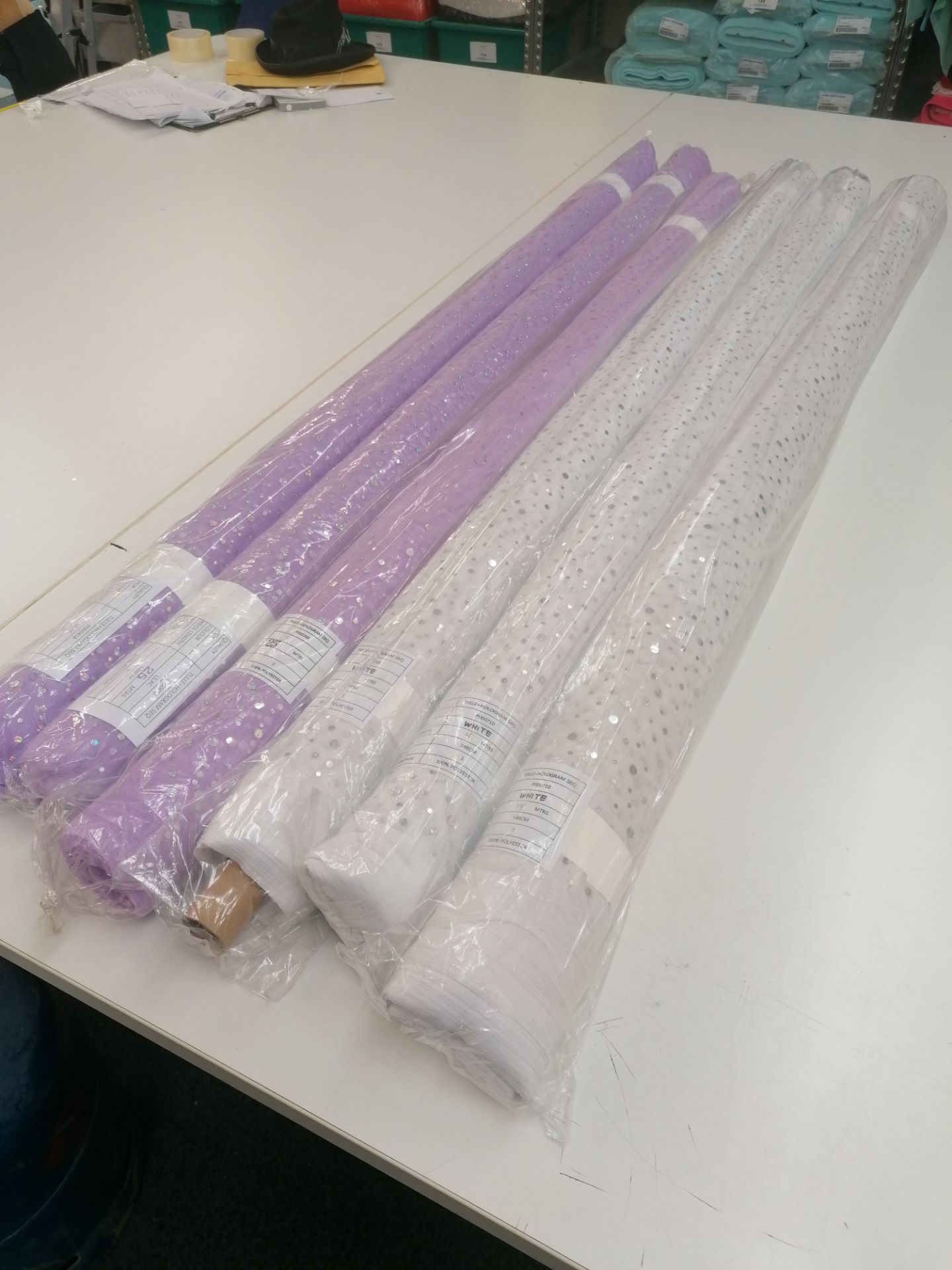 150m+ Hologram sequin tulle on 6 new rolls. RRP £4-6 per meter White and Lilac - Image 2 of 6