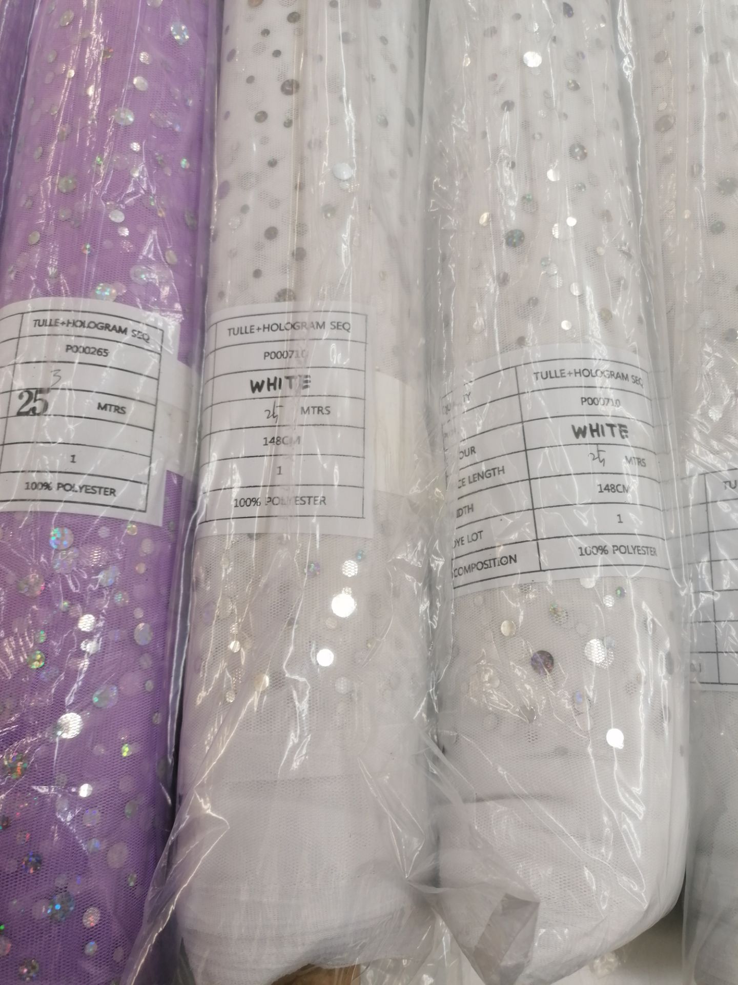 150m+ Hologram sequin tulle on 6 new rolls. RRP £4-6 per meter White and Lilac - Image 4 of 6