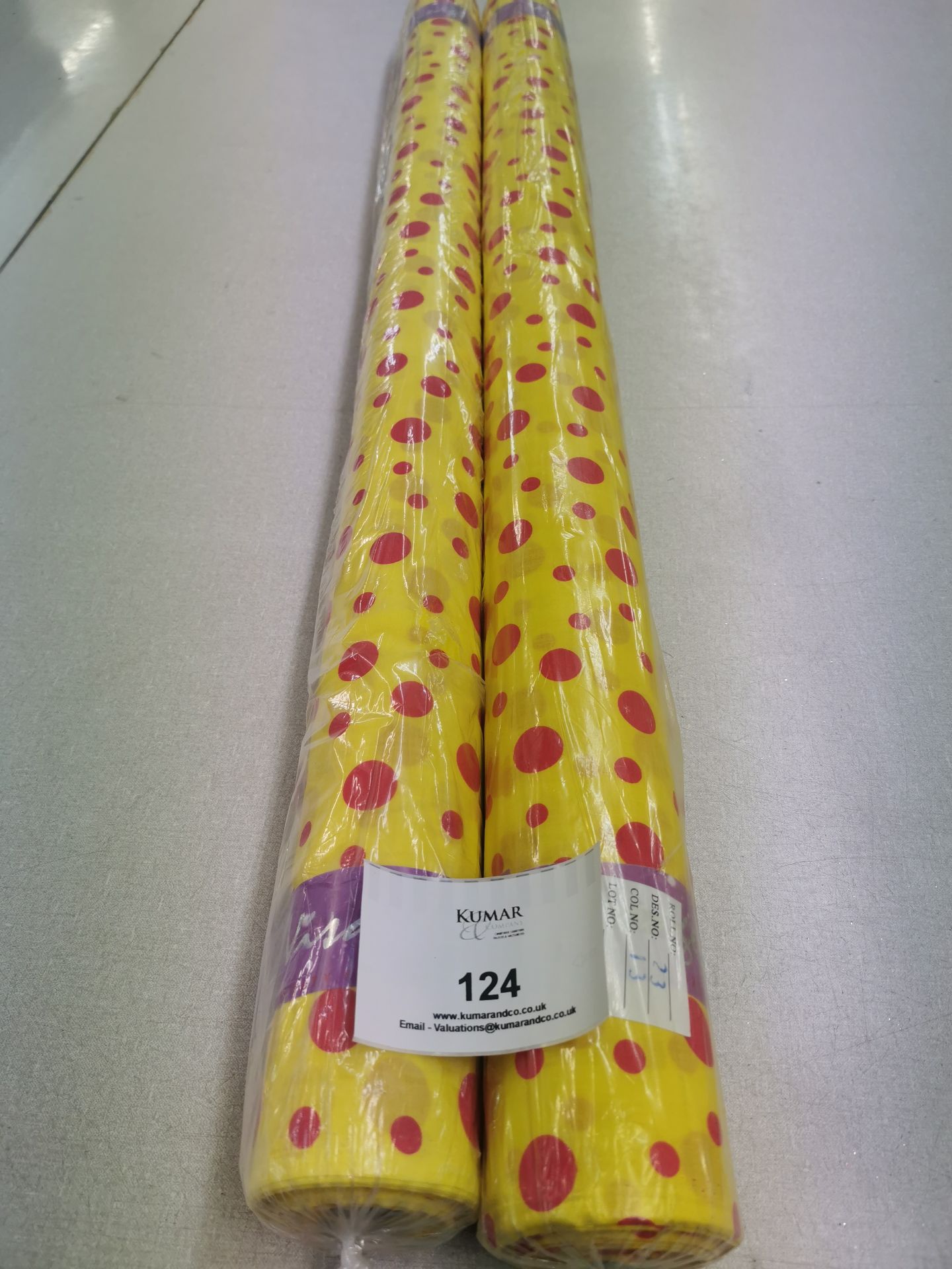 2 x Rolls polka dot, yellow and red Design No 23 . Colour code No 13, Estimated linear Meters; x 50