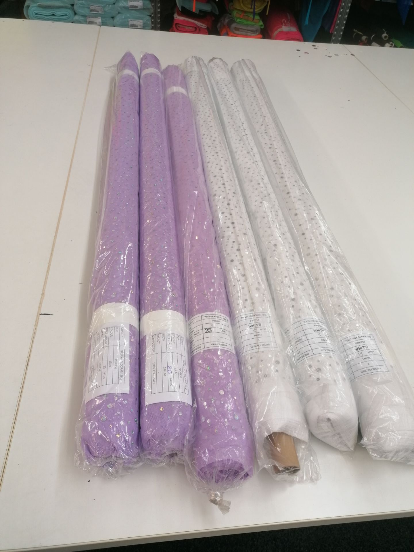 150m+ Hologram sequin tulle on 6 new rolls. RRP £4-6 per meter White and Lilac