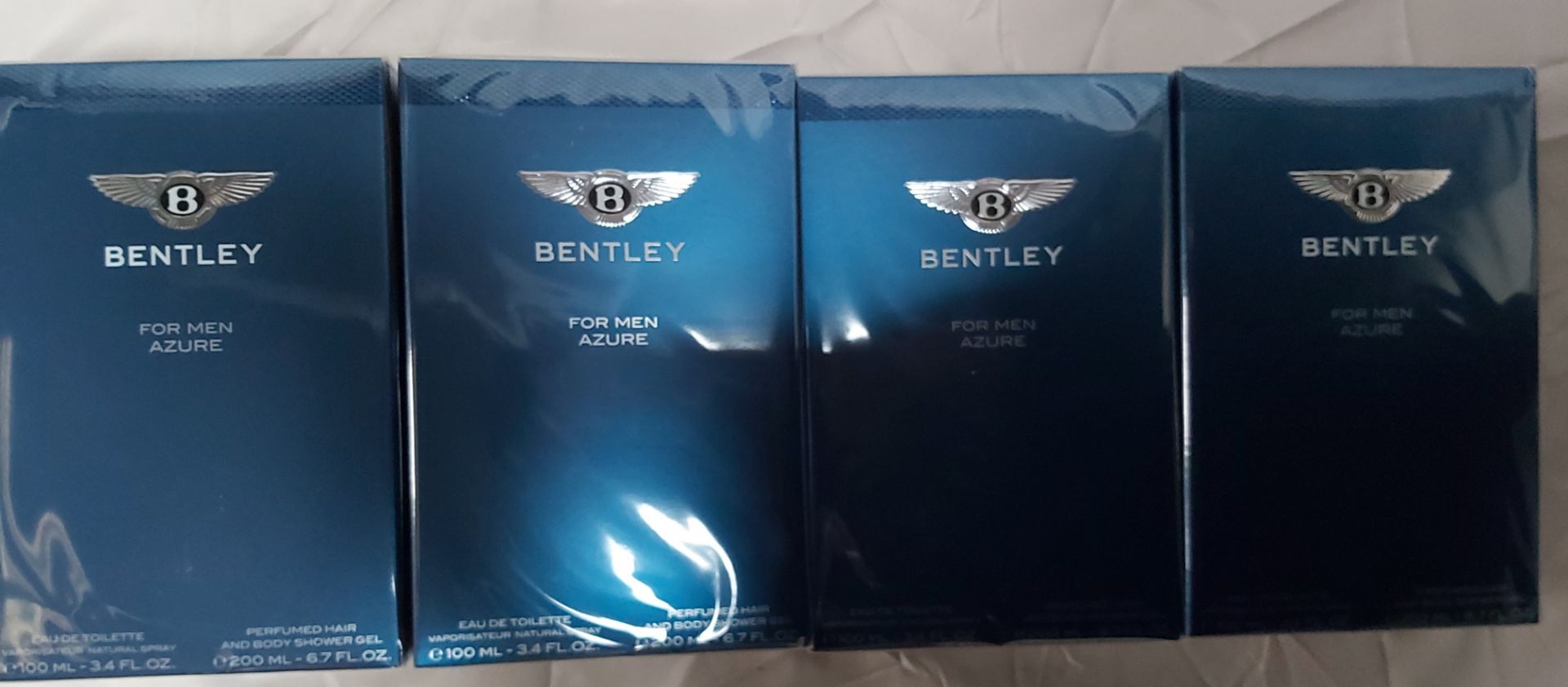 4 x Bentley Azure For Men Gift Set. 100ml EDT & 200ml Body Shower Gel. Condition New & Sealed. (