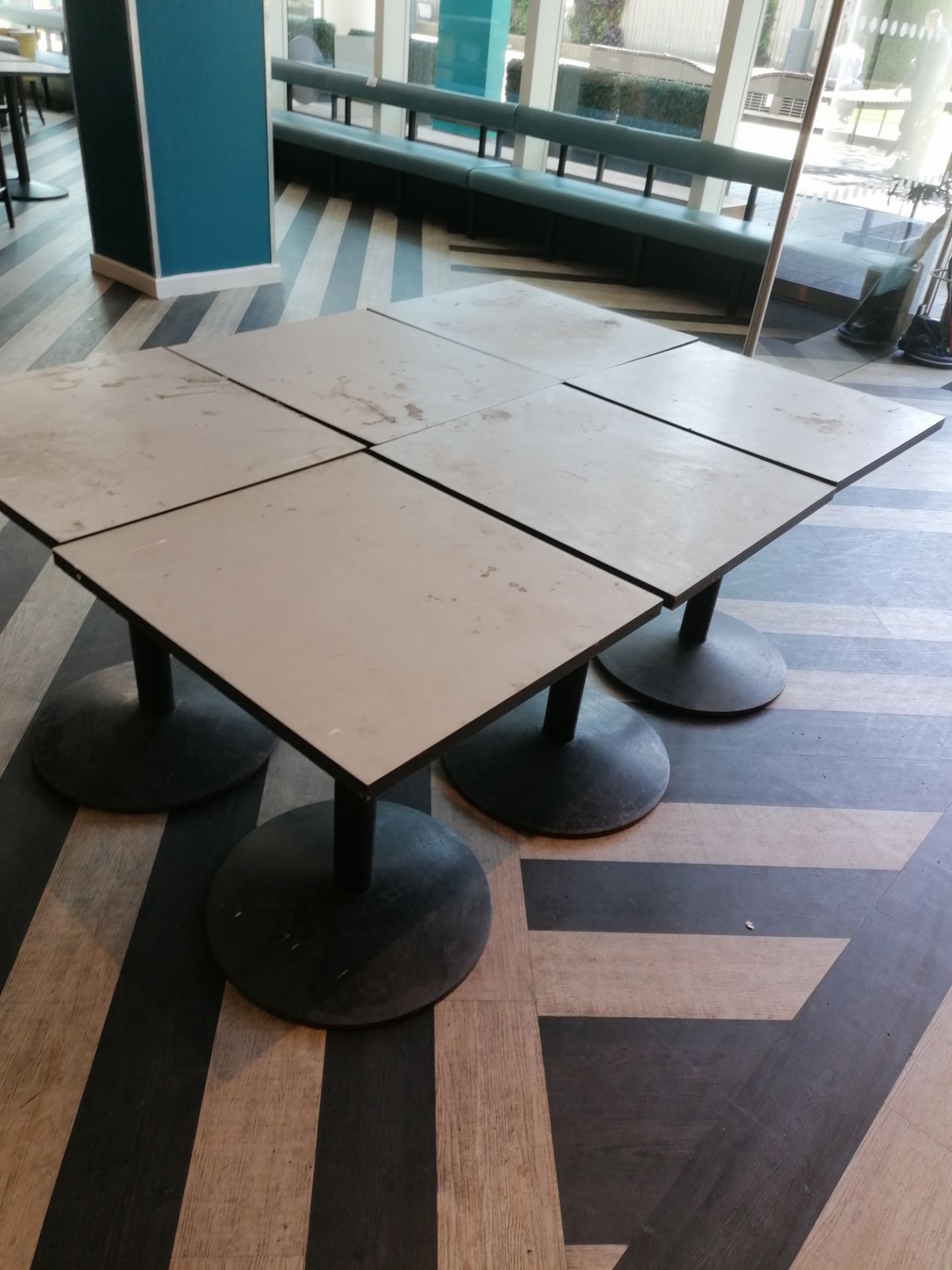 6 x Bar tables measuring (69cm x 62cm x 74cm ) wooden tops metal bases (Please Note this Lot is only