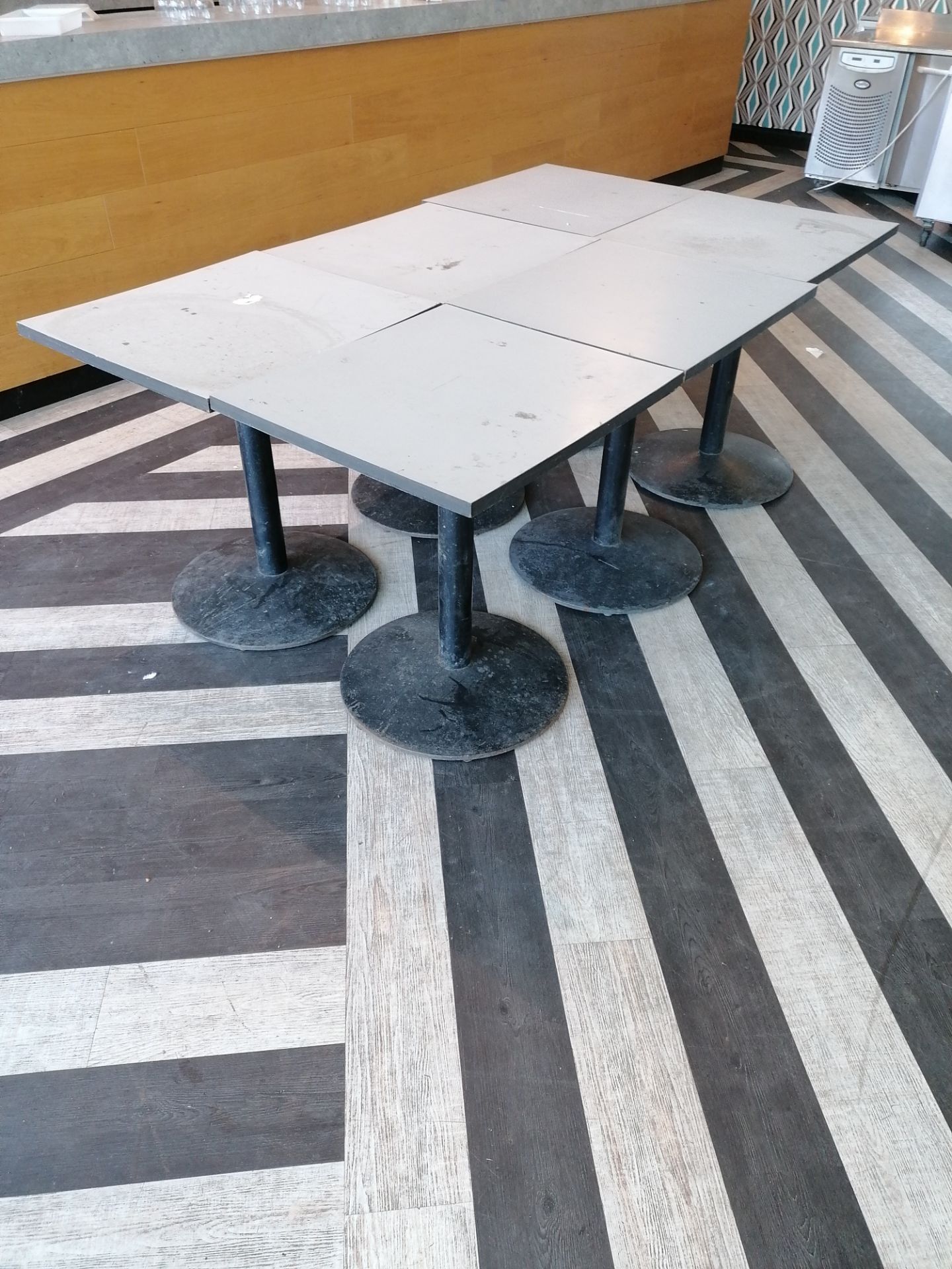 6 x Bar tables measuring (69cm x 62cm x 74cm ) wooden tops metal bases (Please Note this Lot is only