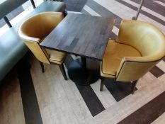 2 x Leather bucket chairs and bar table, Wooden top metal base (69cm x 62 cm x 75 cm ) (Please