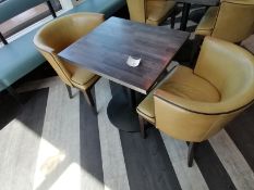 2 x Leather bucket chairs and bar table, Wooden top metal base (69cm x 62 cm x 75 cm ) (Please