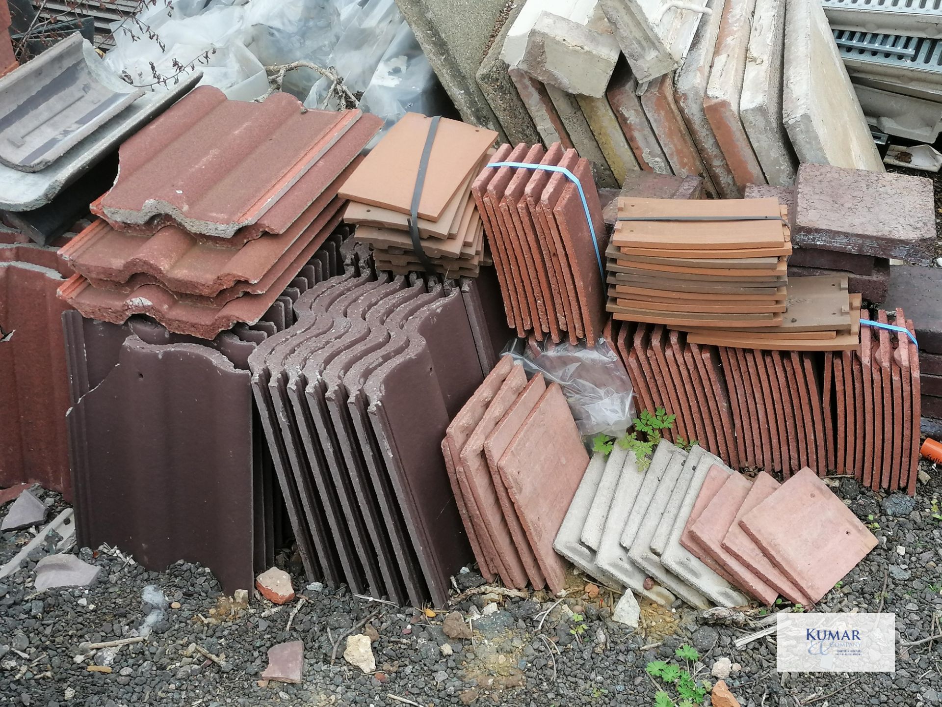 Contents of outside storage area including scafold pipes , tiles , plastic bariers , water butt as - Image 6 of 10