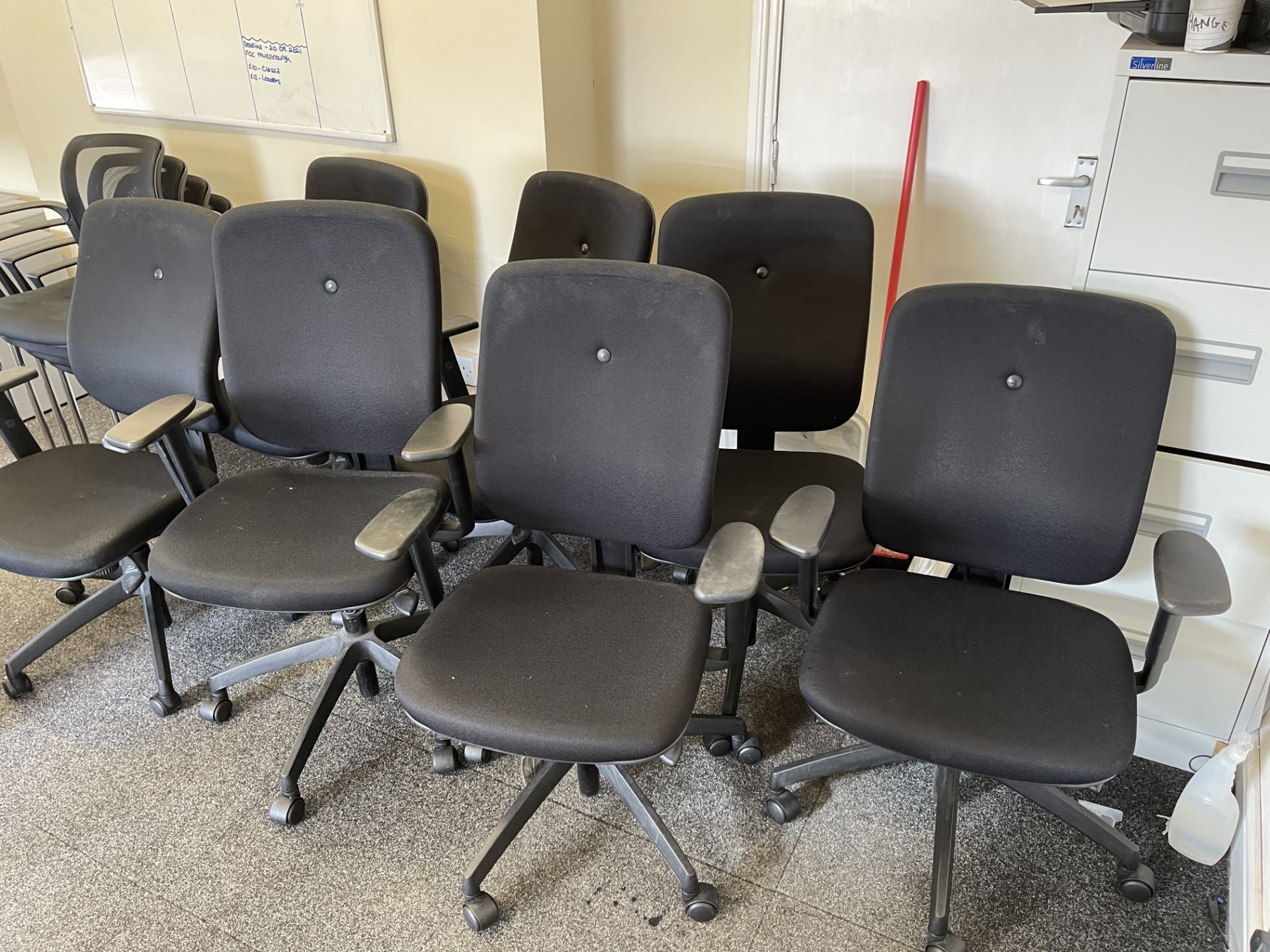 7: Cloth Upholstered Swivel Base Operator Chairs with pneumatic up/down adjustment - Image 2 of 4