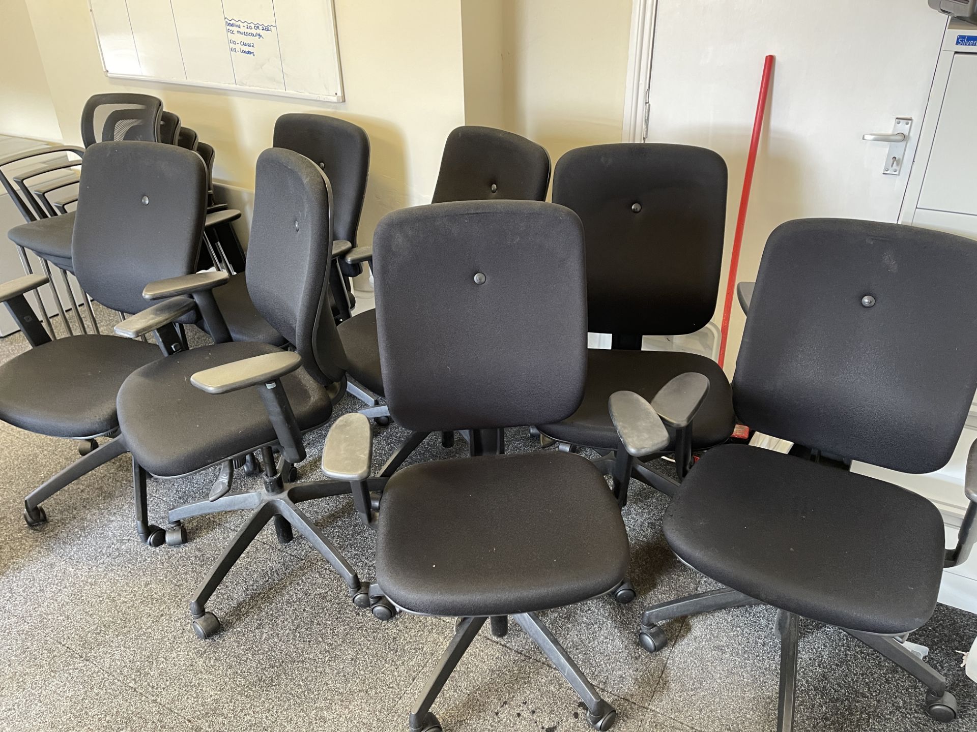 7: Cloth Upholstered Swivel Base Operator Chairs with pneumatic up/down adjustment - Image 4 of 4