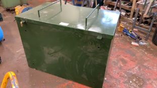 Fabricated Welded Mild Steel Box with Lockable lid, Shown with two padlocks, No Keys Available.