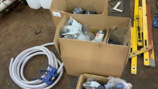 Large quantity of plastic pipe fittings and connectors, water pipe, pipe cutters, solvent adhesive