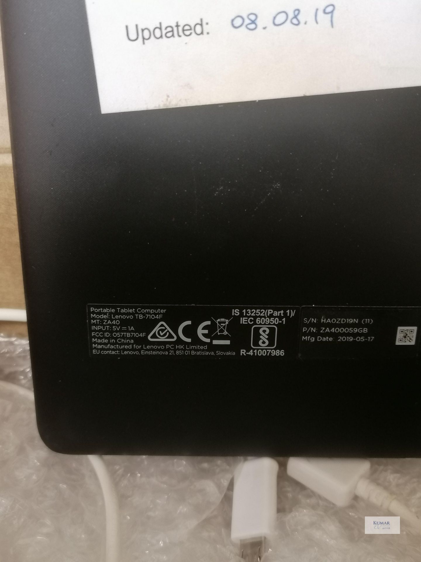 Lenovo TB-7104F 7" Touch screen tablet 17 05 2019 Updated 08 08 2019 Serial No HAOZD19N cable and - Image 3 of 4