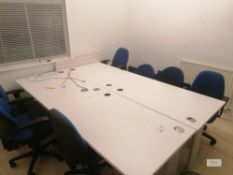 4 x White offic desks and 7 chairs