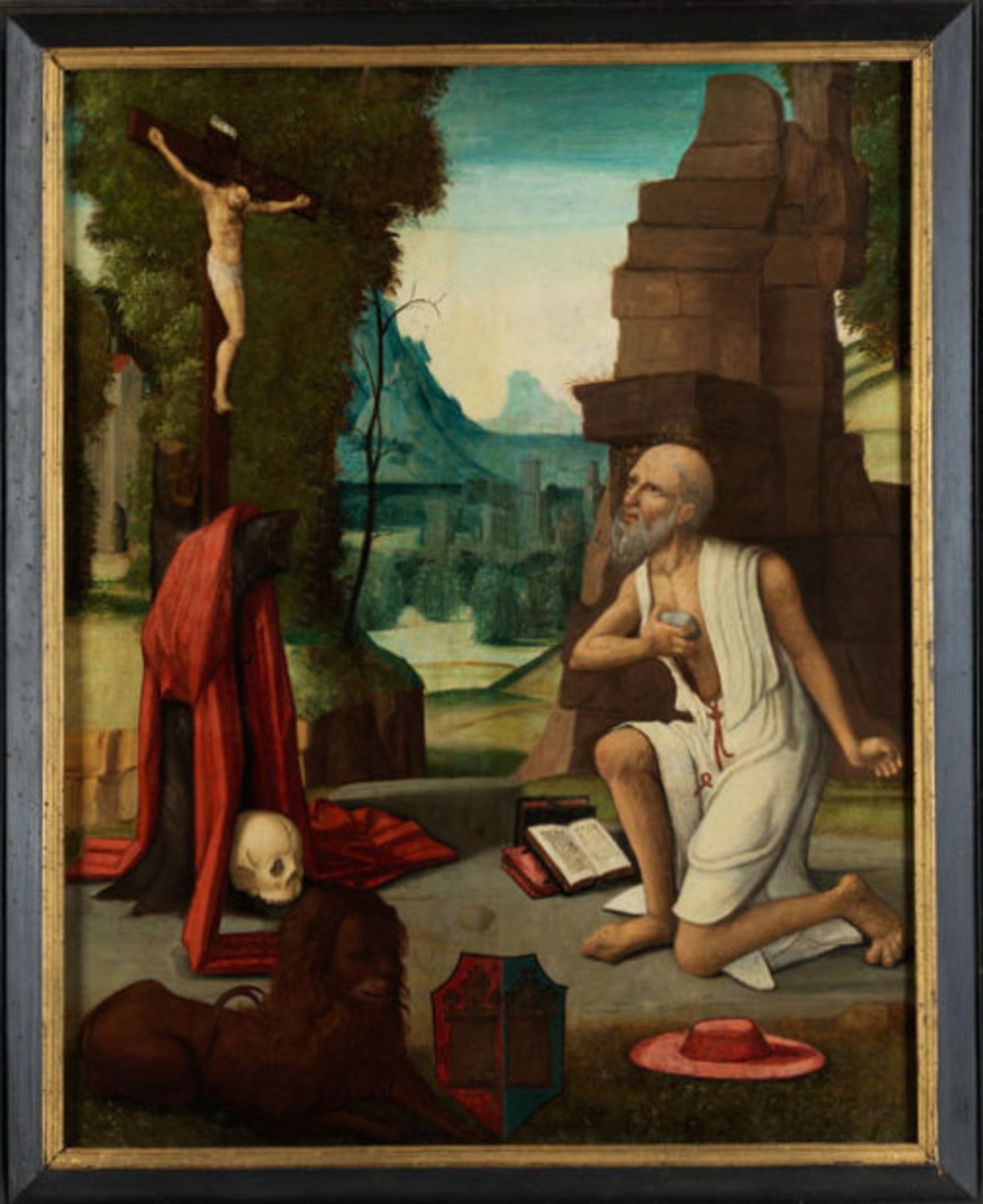 Heiliger HieronymusÖl/Holz. Mit einem Stein schlägt sich der Heilige auf die Brust, - Bild 4 aus 4