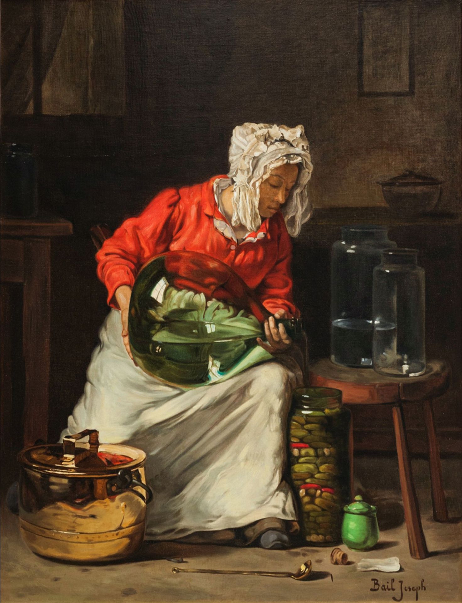 Joseph Bail, 1862 Limonest – 1921 ParisÖl/Leinwand, doubliert, “La Ménagère”.