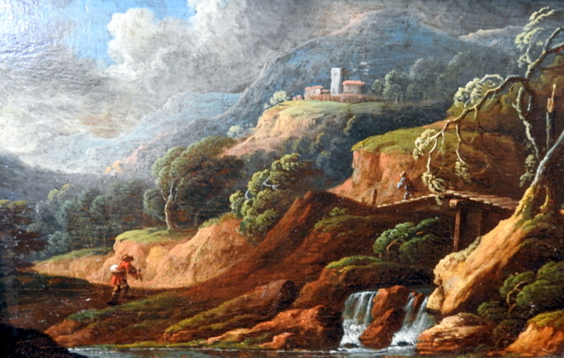 Landschaft mit WandererÖl/Holz. Gebirgslandschaft mit kleinem Wasserfall, Wanderern u