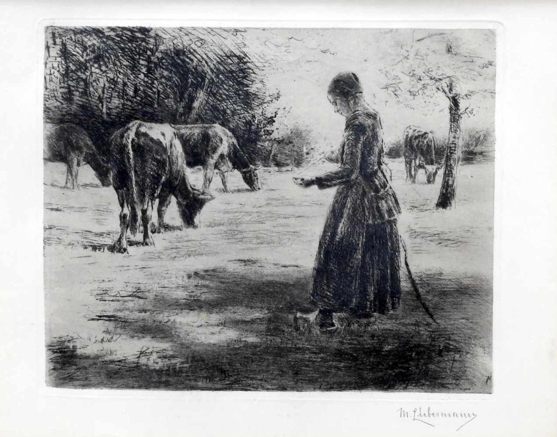 Max Liebermann, 1847 Berlin - 1935 BerlinLithographie/Papier. Kuhhirtin. Ein Mädchen